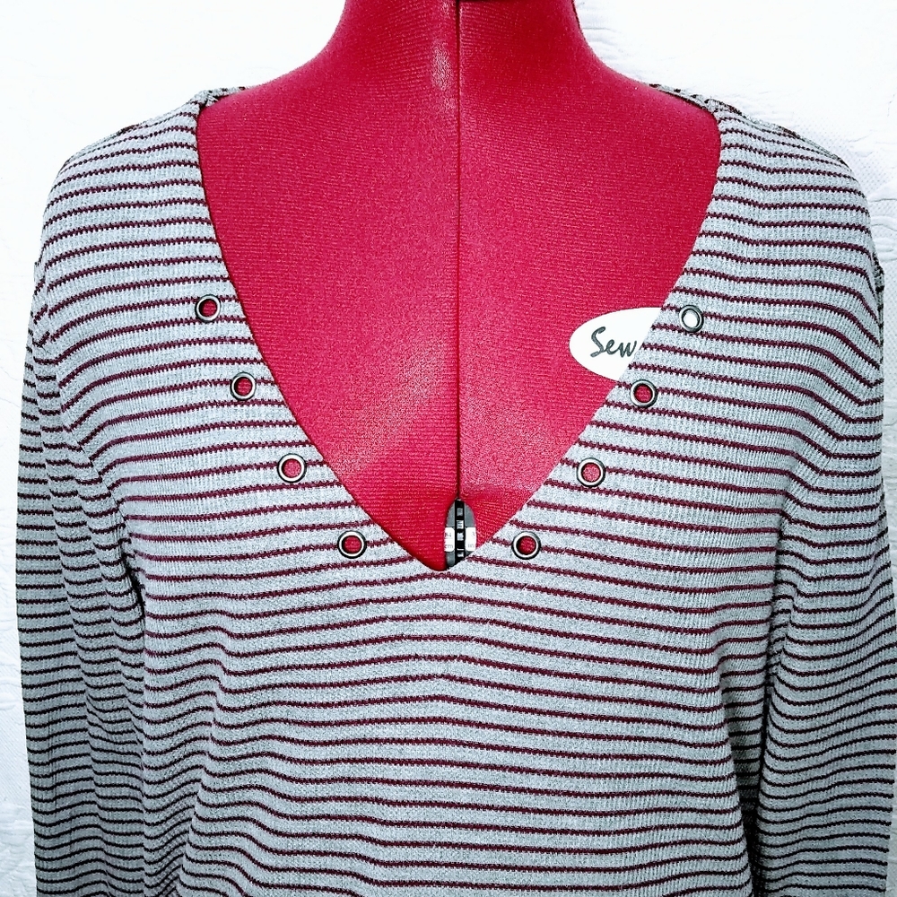 Hannah XL Grey Striped Thermal 3/4 Sleeve Shirt